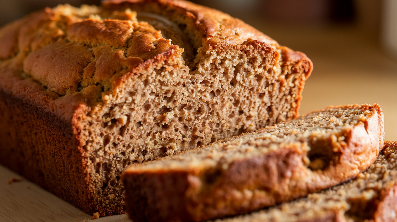 Moist banana bread with a golden crust and soft, fluffy interior, freshly baked and sliced.