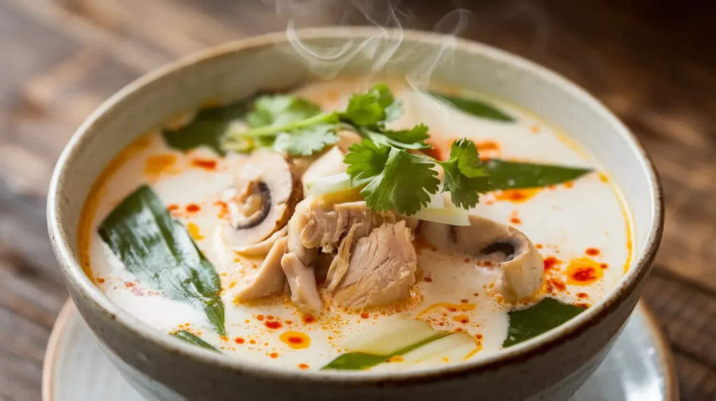 Close-up of a creamy Thai coconut soup with chicken, mushrooms, and fresh herbs.