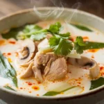 Close-up of a creamy Thai coconut soup with chicken, mushrooms, and fresh herbs.