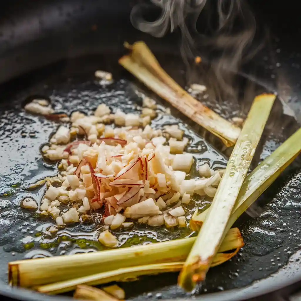 Close-up of aromatics including garlic, onion, and galangal sizzling in a pan for Thai coconut soup.