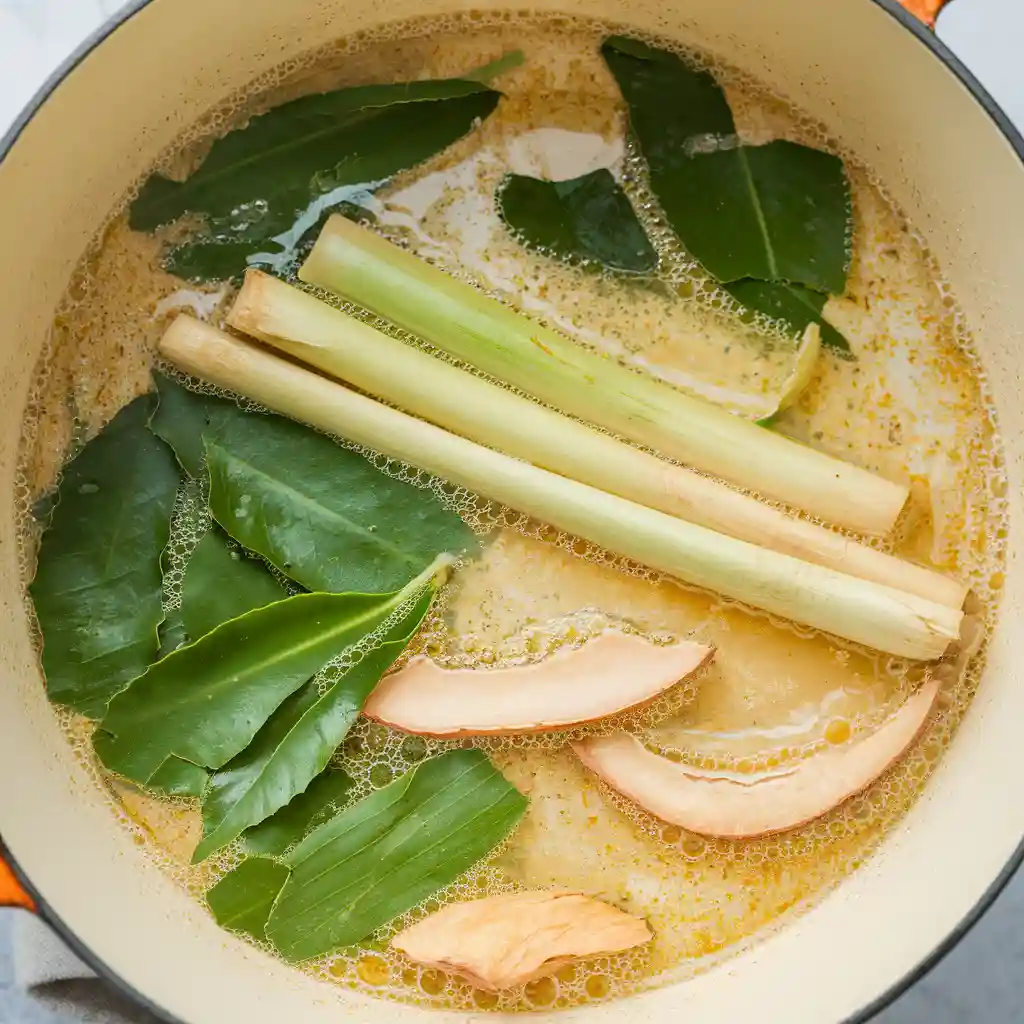 A very zoomed-in amateur photo taken with an iPhone 15 Pro of a pot of gently simmering broth for Thai coconut soup. Floating on the surface are torn kaffir lime leaves, bruised lemongrass stalks, and thin slices of galangal, releasing their rich aroma. The broth has a light golden hue, with tiny bubbles forming around the edges, indicating a slow and steady infusion of flavors.